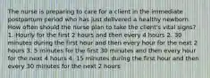 The nurse is preparing to care for a client in the immediate postpartum period who has just delivered a healthy newborn. How often should the nurse plan to take the client's vital signs? 1. Hourly for the first 2 hours and then every 4 hours 2. 30 minutes during the first hour and then every hour for the next 2 hours 3. 5 minutes for the first 30 minutes and then every hour for the next 4 hours 4. 15 minutes during the first hour and then every 30 minutes for the next 2 hours