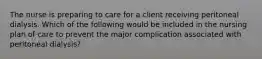 The nurse is preparing to care for a client receiving peritoneal dialysis. Which of the following would be included in the nursing plan of care to prevent the major complication associated with peritoneal dialysis?