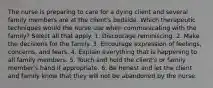 The nurse is preparing to care for a dying client and several family members are at the client's bedside. Which therapeutic techniques would the nurse use when communicating with the family? Select all that apply. 1. Discourage reminiscing. 2. Make the decisions for the family. 3. Encourage expression of feelings, concerns, and fears. 4. Explain everything that is happening to all family members. 5. Touch and hold the client's or family member's hand if appropriate. 6. Be honest and let the client and family know that they will not be abandoned by the nurse.