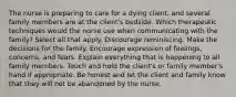 The nurse is preparing to care for a dying client, and several family members are at the client's bedside. Which therapeutic techniques would the nurse use when communicating with the family? Select all that apply. Discourage reminiscing. Make the decisions for the family. Encourage expression of feelings, concerns, and fears. Explain everything that is happening to all family members. Touch and hold the client's or family member's hand if appropriate. Be honest and let the client and family know that they will not be abandoned by the nurse.