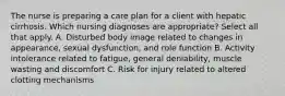 The nurse is preparing a care plan for a client with hepatic cirrhosis. Which nursing diagnoses are appropriate? Select all that apply. A. Disturbed body image related to changes in appearance, sexual dysfunction, and role function B. Activity intolerance related to fatigue, general deniability, muscle wasting and discomfort C. Risk for injury related to altered clotting mechanisms