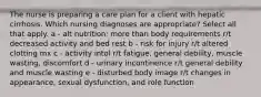 The nurse is preparing a care plan for a client with hepatic cirrhosis. Which nursing diagnoses are appropriate? Select all that apply. a - alt nutrition: more than body requirements r/t decreased activity and bed rest b - risk for injury r/t altered clotting mx c - activity intol r/t fatigue, general debility, muscle wasting, discomfort d - urinary incontinence r/t general debility and muscle wasting e - disturbed body image r/t changes in appearance, sexual dysfunction, and role function