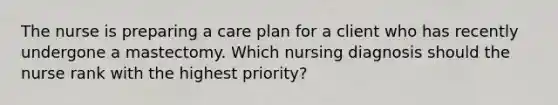 The nurse is preparing a care plan for a client who has recently undergone a mastectomy. Which nursing diagnosis should the nurse rank with the highest priority?