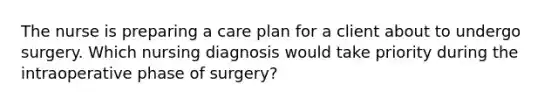 The nurse is preparing a care plan for a client about to undergo surgery. Which nursing diagnosis would take priority during the intraoperative phase of surgery?