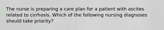 The nurse is preparing a care plan for a patient with ascites related to cirrhosis. Which of the following nursing diagnoses should take priority?