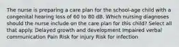 The nurse is preparing a care plan for the school-age child with a congenital hearing loss of 60 to 80 dB. Which nursing diagnoses should the nurse include on the care plan for this child? Select all that apply. Delayed growth and development Impaired verbal communication Pain Risk for injury Risk for infection