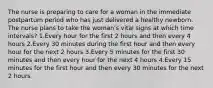 The nurse is preparing to care for a woman in the immediate postpartum period who has just delivered a healthy newborn. The nurse plans to take the woman's vital signs at which time intervals? 1.Every hour for the first 2 hours and then every 4 hours 2.Every 30 minutes during the first hour and then every hour for the next 2 hours 3.Every 5 minutes for the first 30 minutes and then every hour for the next 4 hours 4.Every 15 minutes for the first hour and then every 30 minutes for the next 2 hours