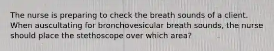 The nurse is preparing to check the breath sounds of a client. When auscultating for bronchovesicular breath sounds, the nurse should place the stethoscope over which area?