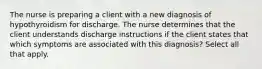 The nurse is preparing a client with a new diagnosis of hypothyroidism for discharge. The nurse determines that the client understands discharge instructions if the client states that which symptoms are associated with this diagnosis? Select all that apply.