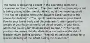 The nurse is preparing a client in the operating room for a cesarean section (C-section). The client asks the nurse why a roll is being placed under the hip. How should the nurse respond? -"The hip tilt position allows the provider easier access to the uterus for delivery." -"The hip tilt position ensures your blood flow to your lower body and placenta aren't interrupted by the weight of your baby on the large blood vessels in your back, which can cause your blood pressure to drop." -"The hip tilt position decreases bladder distention and reduces the risk of bladder injury during surgery." -"The hip tilt position allows for a quicker delivery of the infant during the C-section."