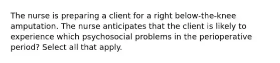 The nurse is preparing a client for a right below-the-knee amputation. The nurse anticipates that the client is likely to experience which psychosocial problems in the perioperative period? Select all that apply.