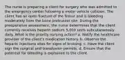 The nurse is preparing a client for surgery who was admitted to the emergency center following a motor vehicle collision. The client has an open fracture of the femur and is bleeding moderately from the bone protrusion site. During the preoperative assessment, the nurse determines that the client currently receives heparin sodium 5,000 units subcutaneously daily. What is the priority nursing action? a. Notify the healthcare provider of the client's medication history. b. Observe the heparin injections sites for signs of bruising. c. Have the client sign the surgical and transfusion permits. d. Ensure that the potential for bleeding is explained to the client