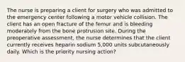 The nurse is preparing a client for surgery who was admitted to the emergency center following a motor vehicle collision. The client has an open fracture of the femur and is bleeding moderately from the bone protrusion site. During the preoperative assessment, the nurse determines that the client currently receives heparin sodium 5,000 units subcutaneously daily. Which is the priority nursing action?