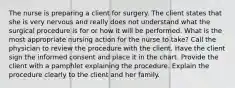 The nurse is preparing a client for surgery. The client states that she is very nervous and really does not understand what the surgical procedure is for or how it will be performed. What is the most appropriate nursing action for the nurse to take? Call the physician to review the procedure with the client. Have the client sign the informed consent and place it in the chart. Provide the client with a pamphlet explaining the procedure. Explain the procedure clearly to the client and her family.