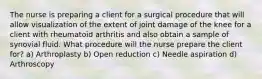 The nurse is preparing a client for a surgical procedure that will allow visualization of the extent of joint damage of the knee for a client with rheumatoid arthritis and also obtain a sample of synovial fluid. What procedure will the nurse prepare the client for? a) Arthroplasty b) Open reduction c) Needle aspiration d) Arthroscopy