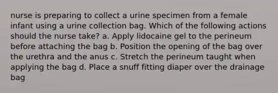 nurse is preparing to collect a urine specimen from a female infant using a urine collection bag. Which of the following actions should the nurse take? a. Apply lidocaine gel to the perineum before attaching the bag b. Position the opening of the bag over the urethra and the anus c. Stretch the perineum taught when applying the bag d. Place a snuff fitting diaper over the drainage bag