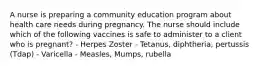 A nurse is preparing a community education program about health care needs during pregnancy. The nurse should include which of the following vaccines is safe to administer to a client who is pregnant? - Herpes Zoster - Tetanus, diphtheria, pertussis (Tdap) - Varicella - Measles, Mumps, rubella