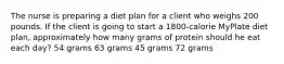 The nurse is preparing a diet plan for a client who weighs 200 pounds. If the client is going to start a 1800-calorie MyPlate diet plan, approximately how many grams of protein should he eat each day? 54 grams 63 grams 45 grams 72 grams