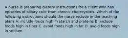 A nurse is preparing dietary instructions for a client who has episodes of biliary colic from chronic cholecystitis. Which of the following instructions should the nurse include in the teaching plan? A. include foods high in starch and proteins B. include foods high in fiber C. avoid foods high in fat D. avoid foods high in sodium