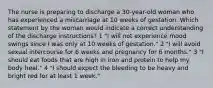 The nurse is preparing to discharge a 30-year-old woman who has experienced a miscarriage at 10 weeks of gestation. Which statement by the woman would indicate a correct understanding of the discharge instructions? 1 "I will not experience mood swings since I was only at 10 weeks of gestation." 2 "I will avoid sexual intercourse for 6 weeks and pregnancy for 6 months." 3 "I should eat foods that are high in iron and protein to help my body heal." 4 "I should expect the bleeding to be heavy and bright red for at least 1 week."