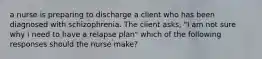 a nurse is preparing to discharge a client who has been diagnosed with schizophrenia. The client asks, "I am not sure why i need to have a relapse plan" which of the following responses should the nurse make?