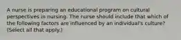 A nurse is preparing an educational program on cultural perspectives in nursing. The nurse should include that which of the following factors are influenced by an individual's culture? (Select all that apply.)