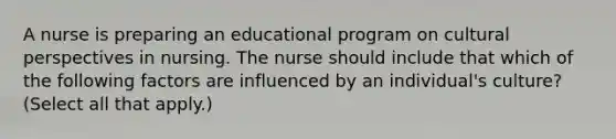 A nurse is preparing an educational program on cultural perspectives in nursing. The nurse should include that which of the following factors are influenced by an individual's culture? (Select all that apply.)