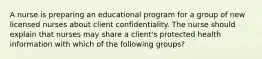 A nurse is preparing an educational program for a group of new licensed nurses about client confidentiality. The nurse should explain that nurses may share a client's protected health information with which of the following groups?