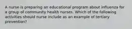 A nurse is preparing an educational program about influenza for a group of community health nurses. Which of the following activities should nurse include as an example of tertiary prevention?