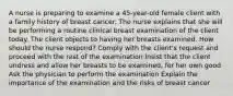 A nurse is preparing to examine a 45-year-old female client with a family history of breast cancer. The nurse explains that she will be performing a routine clinical breast examination of the client today. The client objects to having her breasts examined. How should the nurse respond? Comply with the client's request and proceed with the rest of the examination Insist that the client undress and allow her breasts to be examined, for her own good Ask the physician to perform the examination Explain the importance of the examination and the risks of breast cancer