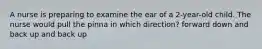 A nurse is preparing to examine the ear of a 2-year-old child. The nurse would pull the pinna in which direction? forward down and back up and back up