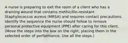 A nurse is preparing to exit the room of a client who has a draining wound that contains methicillin-resistant Staphylococcus aureus (MRSA) and requires contact precautions. Identify the sequence the nurse should follow to remove personal protective equipment (PPE) after caring for this client. (Move the steps into the box on the right, placing them in the selected order of performance. Use all the steps.)