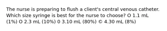 The nurse is preparing to flush a client's central venous catheter. Which size syringe is best for the nurse to choose? O 1.1 mL (1%) O 2.3 mL (10%) 0 3.10 mL (80%) © 4.30 mL (8%)