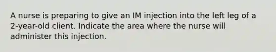 A nurse is preparing to give an IM injection into the left leg of a 2-year-old client. Indicate the area where the nurse will administer this injection.