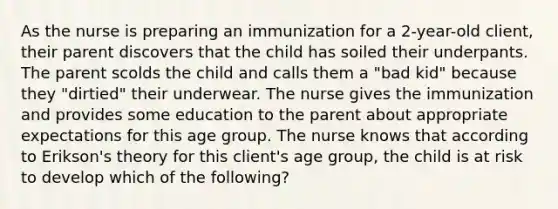 As the nurse is preparing an immunization for a 2-year-old client, their parent discovers that the child has soiled their underpants. The parent scolds the child and calls them a "bad kid" because they "dirtied" their underwear. The nurse gives the immunization and provides some education to the parent about appropriate expectations for this age group. The nurse knows that according to Erikson's theory for this client's age group, the child is at risk to develop which of the following?