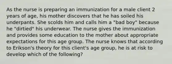 As the nurse is preparing an immunization for a male client 2 years of age, his mother discovers that he has soiled his underpants. She scolds him and calls him a "bad boy" because he "dirtied" his underwear. The nurse gives the immunization and provides some education to the mother about appropriate expectations for this age group. The nurse knows that according to Erikson's theory for this client's age group, he is at risk to develop which of the following?