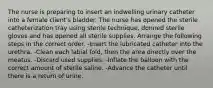 The nurse is preparing to insert an indwelling urinary catheter into a female client's bladder. The nurse has opened the sterile catheterization tray using sterile technique, donned sterile gloves and has opened all sterile supplies. Arrange the following steps in the correct order. -Insert the lubricated catheter into the urethra. -Clean each labial fold, then the area directly over the meatus. -Discard used supplies. -Inflate the balloon with the correct amount of sterile saline. -Advance the catheter until there is a return of urine.