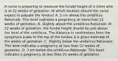 A nurse is preparing to measure the fundal height of a client who is at 22 weeks of gestation. At which location should the nurse expect to palpate the fundus? A. 5 cm above the umbilicus Rationale: This level indicates a pregnancy at more than 22 weeks of gestation. B. Slightly above the umbilicus Rationale: At 22 weeks of gestation, the fundal height should be just above the level of the umbilicus. The distance in centimeters from the symphysis pubis to the top of the fundus is a gross estimate of the weeks of gestation. C. Slightly below the umbilicus Rationale: This level indicates a pregnancy at less than 22 weeks of gestation. D. 3 cm below the umbilicus Rationale: This level indicates a pregnancy at less than 22 weeks of gestation.