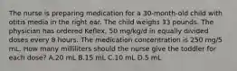 The nurse is preparing medication for a 30-month-old child with otitis media in the right ear. The child weighs 33 pounds. The physician has ordered Keflex, 50 mg/kg/d in equally divided doses every 8 hours. The medication concentration is 250 mg/5 mL. How many milliliters should the nurse give the toddler for each dose? A.20 mL B.15 mL C.10 mL D.5 mL