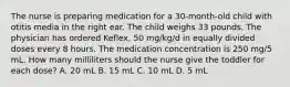 The nurse is preparing medication for a 30-month-old child with otitis media in the right ear. The child weighs 33 pounds. The physician has ordered Keflex, 50 mg/kg/d in equally divided doses every 8 hours. The medication concentration is 250 mg/5 mL. How many milliliters should the nurse give the toddler for each dose? A. 20 mL B. 15 mL C. 10 mL D. 5 mL