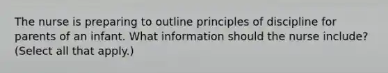 The nurse is preparing to outline principles of discipline for parents of an infant. What information should the nurse include? (Select all that apply.)