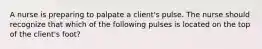 A nurse is preparing to palpate a client's pulse. The nurse should recognize that which of the following pulses is located on the top of the client's foot?