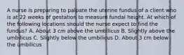 A nurse is preparing to palpate the uterine fundus of a client who is at 22 weeks of gestation to measure fundal height. At which of the following locations should the nurse expect to find the fundus? A. About 3 cm above the umbilicus B. Slightly above the umbilicus C. Slightly below the umbilicus D. About 3 cm below the umbilicus