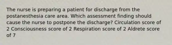 The nurse is preparing a patient for discharge from the postanesthesia care area. Which assessment finding should cause the nurse to postpone the discharge? Circulation score of 2 Consciousness score of 2 Respiration score of 2 Aldrete score of 7