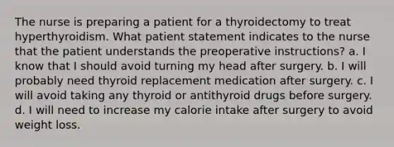 The nurse is preparing a patient for a thyroidectomy to treat hyperthyroidism. What patient statement indicates to the nurse that the patient understands the preoperative instructions? a. I know that I should avoid turning my head after surgery. b. I will probably need thyroid replacement medication after surgery. c. I will avoid taking any thyroid or antithyroid drugs before surgery. d. I will need to increase my calorie intake after surgery to avoid weight loss.