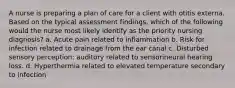 A nurse is preparing a plan of care for a client with otitis externa. Based on the typical assessment findings, which of the following would the nurse most likely identify as the priority nursing diagnosis? a. Acute pain related to inflammation b. Risk for infection related to drainage from the ear canal c. Disturbed sensory perception: auditory related to sensorineural hearing loss. d. Hyperthermia related to elevated temperature secondary to infection