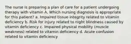 The nurse is preparing a plan of care for a patient undergoing therapy with vitamin A. Which nursing diagnosis is appropriate for this patient? a. Impaired tissue integrity related to vitamin deficiency b. Risk for injury related to night blindness caused by vitamin deficiency c. Impaired physical mobility (muscle weakness) related to vitamin deficiency d. Acute confusion related to vitamin deficiency