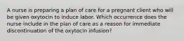 A nurse is preparing a plan of care for a pregnant client who will be given oxytocin to induce labor. Which occurrence does the nurse include in the plan of care as a reason for immediate discontinuation of the oxytocin infusion?