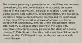 The nurse is preparing a presentation on the differences between ulcerative colitis and Crohn disease. What should the nurse include in the presentation? select all that apply A. Ulcerative Colitis causes more nutritional deficiencies than Crohn disease B. Ulcerative colitis is confined to the mucosa and the submucosa of the colon C. The intestinal disease of ulcerative colitis is curable with a colectomy, whereas Crohn disease often recurs after surgery D. Blood is often present in the stools with ulcerative colitis; fat is usually present in the stools with Crohn disease. E. Patients with ulcerative colitis may have 3-4 semisoft stools per day; 15-20 liquid stools per day are common with Crohn disease.