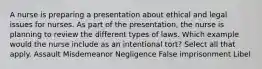 A nurse is preparing a presentation about ethical and legal issues for nurses. As part of the presentation, the nurse is planning to review the different types of laws. Which example would the nurse include as an intentional tort? Select all that apply. Assault Misdemeanor Negligence False imprisonment Libel